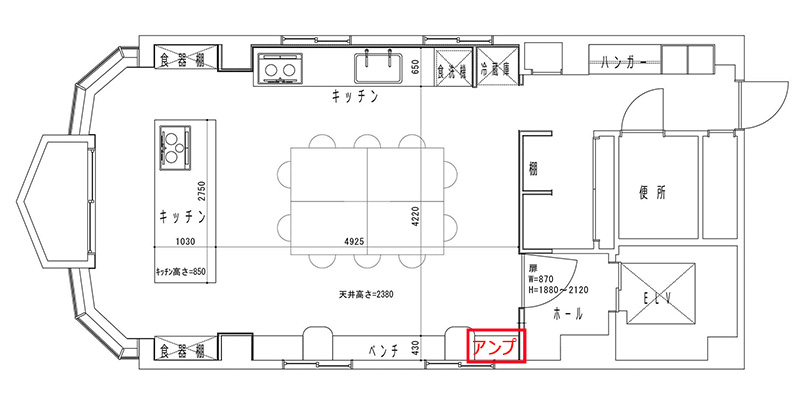 レンタルキッチンスペースパティア曙橋店のアンプ位置