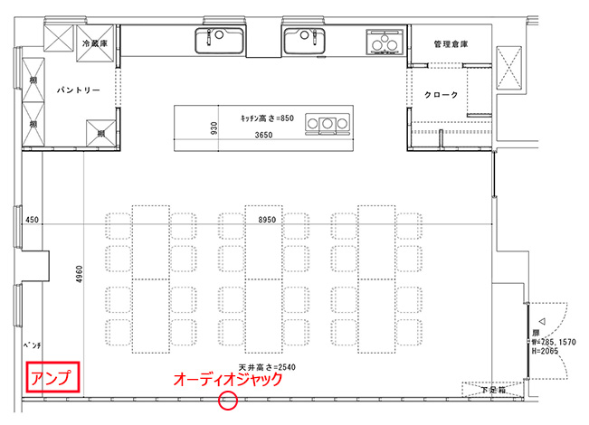 レンタルキッチンスペースパティア四ツ谷店のアンプ位置