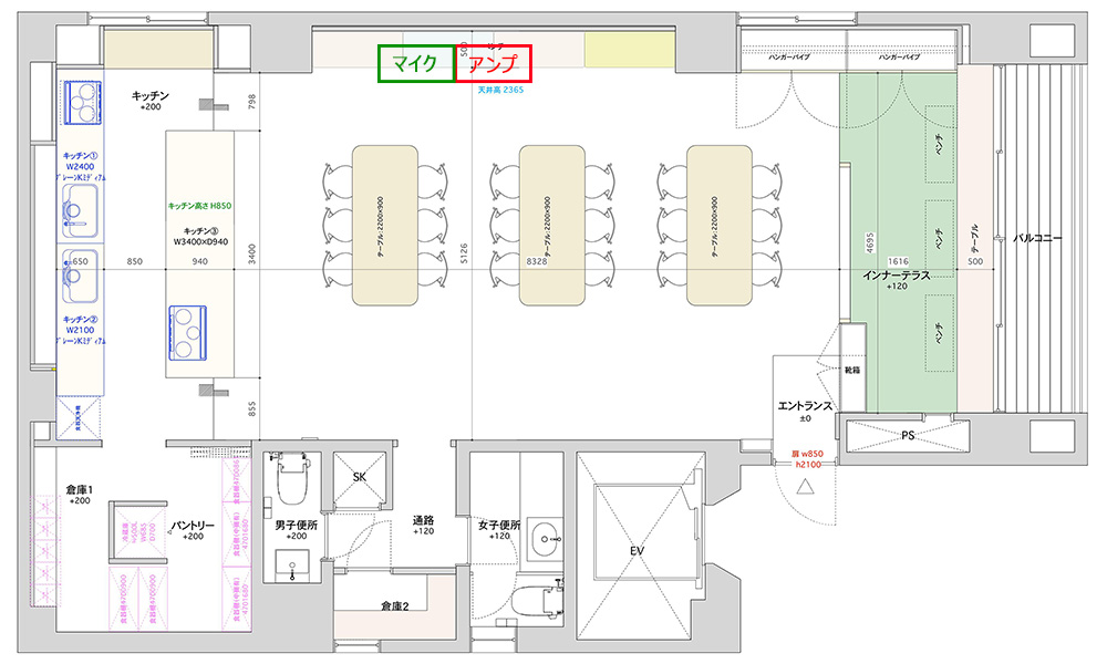 レンタルキッチンスタジオパティア東麻布店の無線マイク、アンプの場所