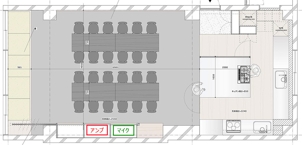 レンタルキッチンスタジオパティア西新橋店の無線マイク、アンプの場所